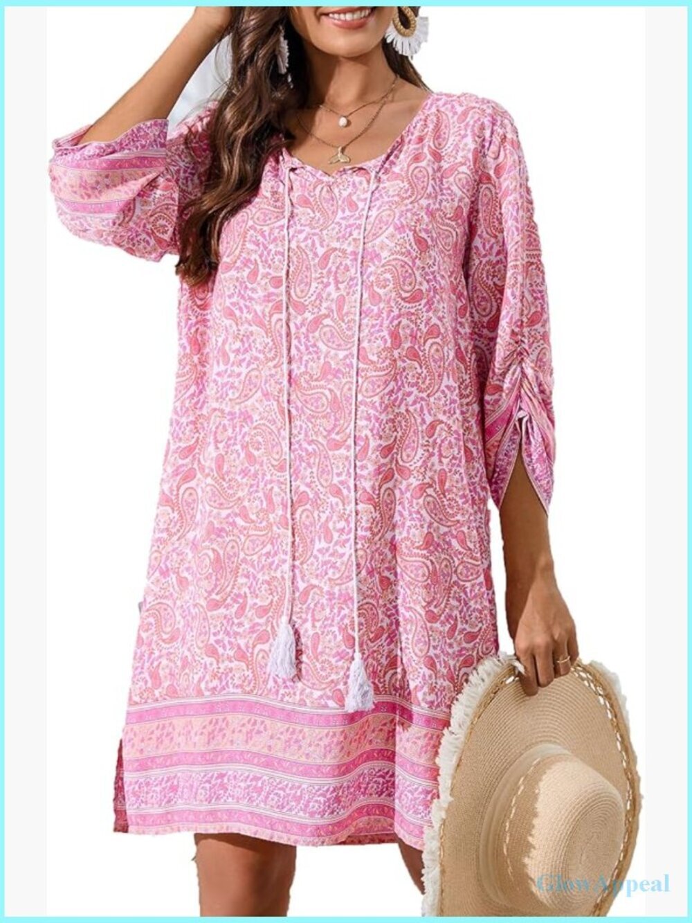 Boho Tassel Tie Neck 3/4 Sleeve Mini Sundress Floral Beach Cover Up